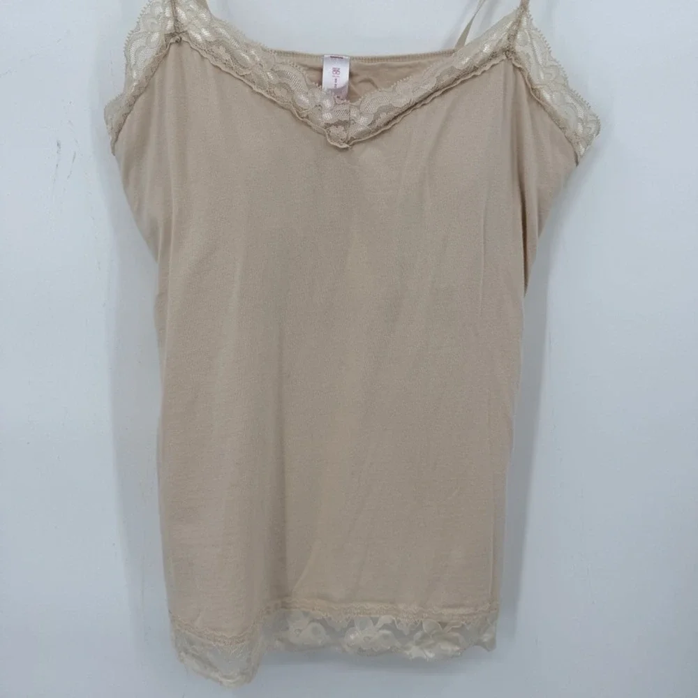 Womens Y2K Cami Tank Top 2XL Beige Lace Trim‎ Built In Bra Stretch Coquette